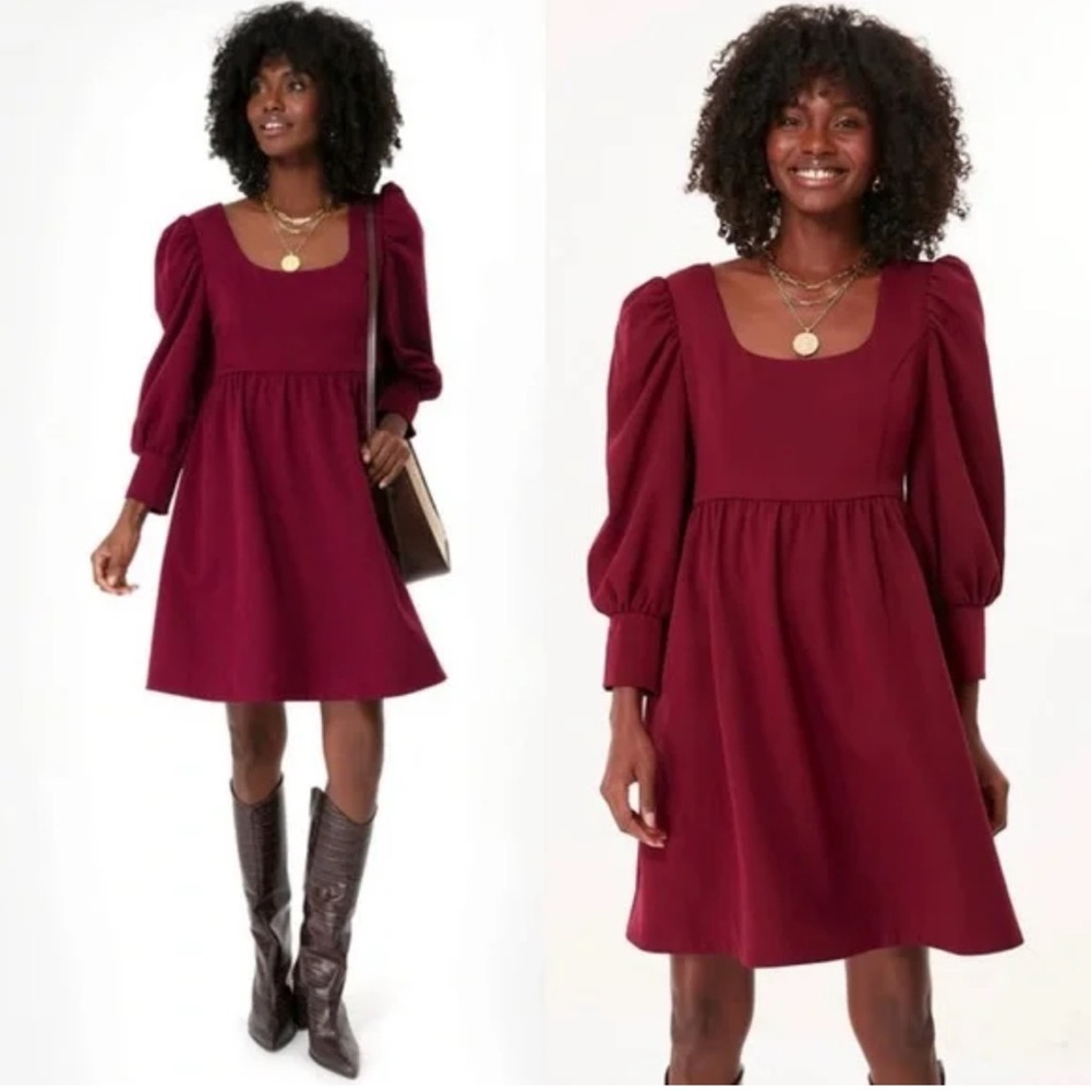 Pomander Place Burgundy Puff-Sleeve Square-Neck Dress